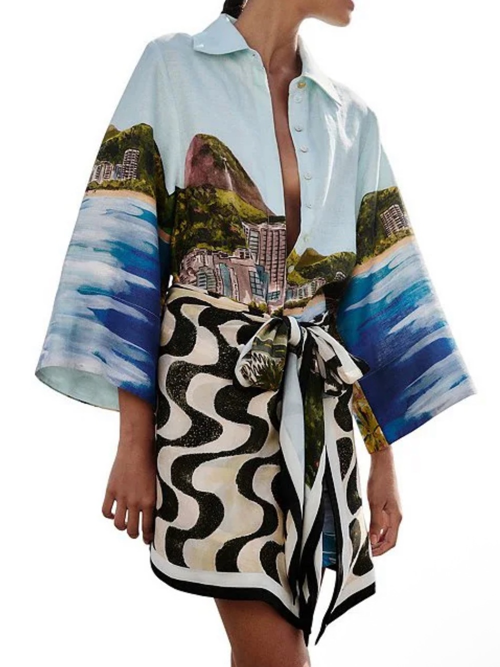 FARM Rio Scenic Coastal Kimono Jacket in Blue, Green & White